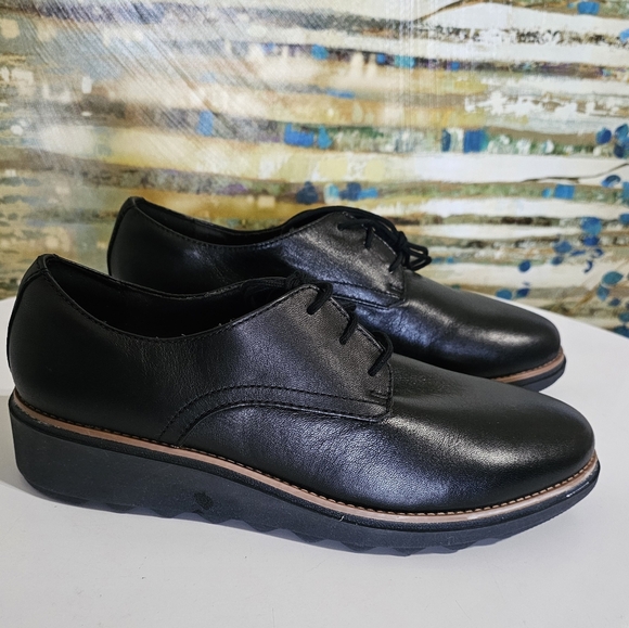 Clarks SHARON RAE Lace Up Black Leather Wedge Comfort Oxford Shoes Women's 9.5 - Picture 3 of 16